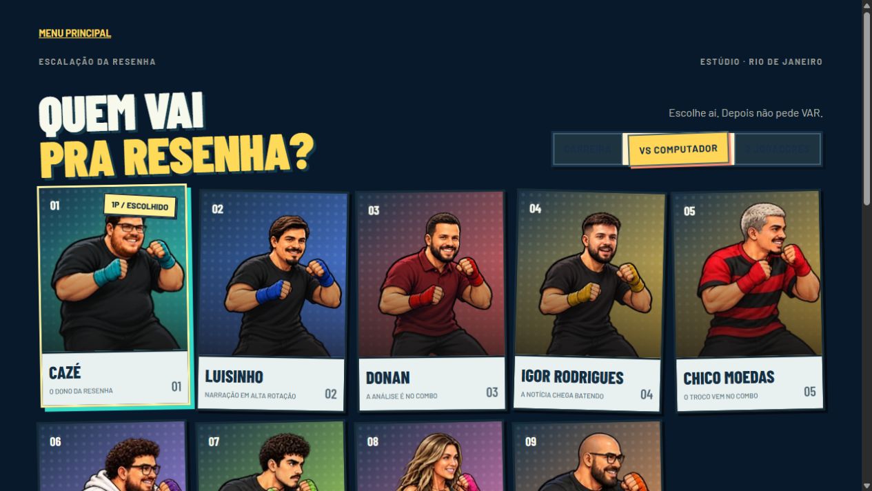 Seleção real de personagens do Cazé Resenha, com lutadores, dificuldade e cenários