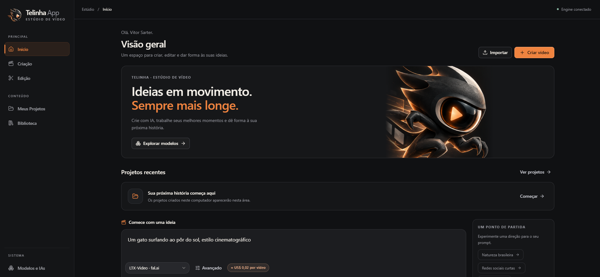 Tela inicial real do Telinha App, com projetos recentes, criação com IA e ferramentas do estúdio